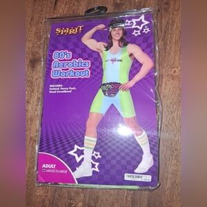 Spirit Neon Green 80's Aerobics Outfit Fanny Pack Unitard Sweatband L/XL